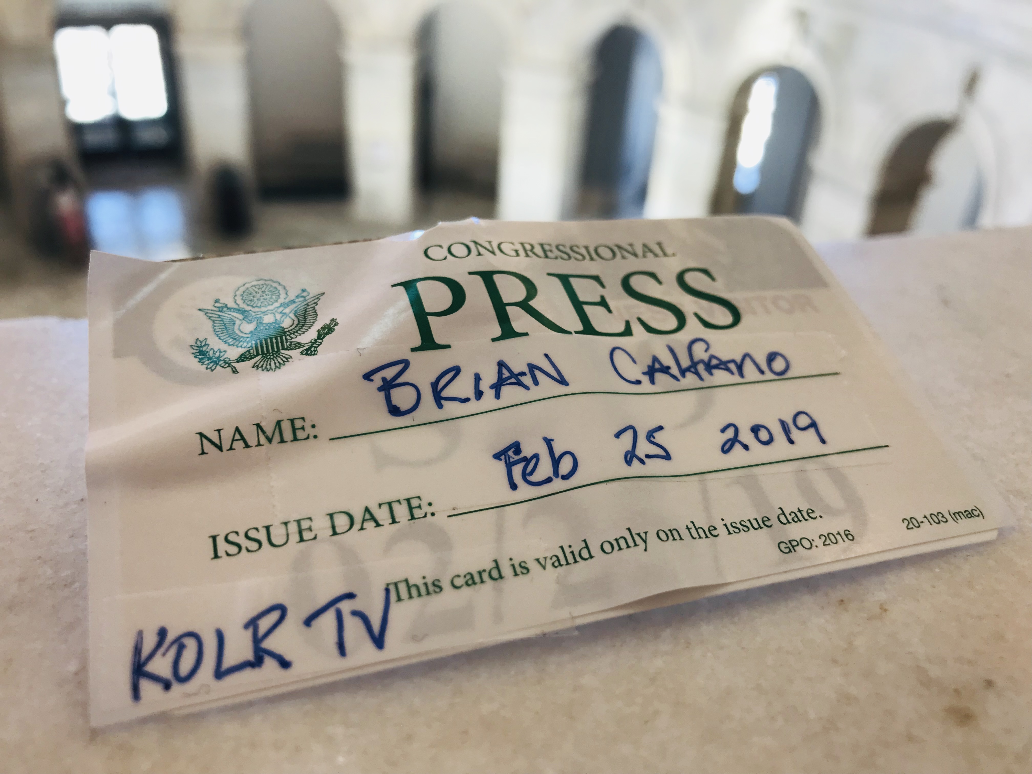 Congressional press card issued to Brian Calfano, KOLR TV, February 25 2019