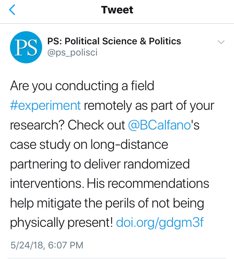 PS: Political Science and Politics tweet about Brian Calfano's case study on remote field experiments